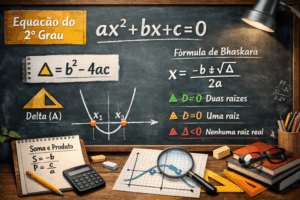 Equação do 2º grau representada em quadro com fórmula ax² + bx + c = 0, fórmula de Bhaskara, cálculo do delta e gráfico de parábola explicando as raízes da equação.