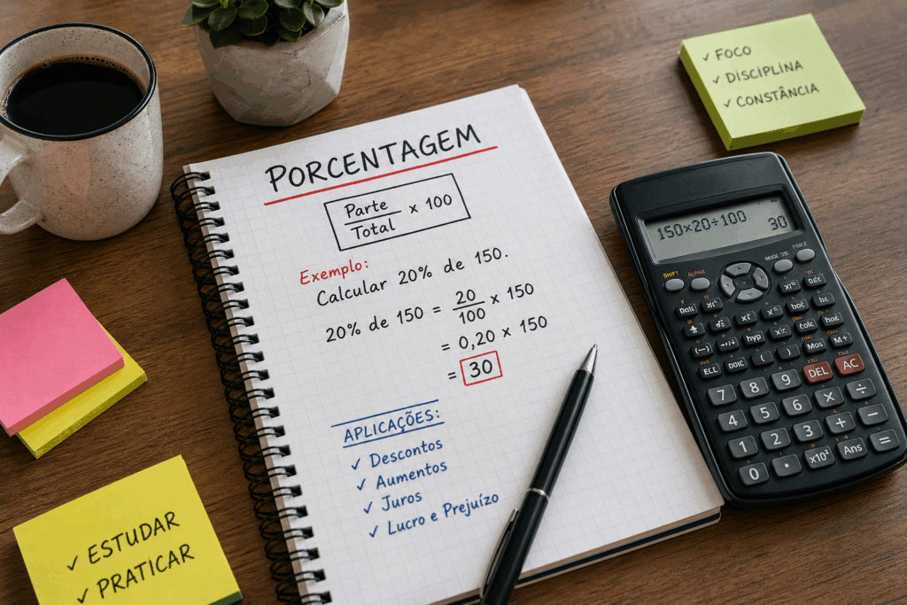 Como calcular porcentagem com exemplo prático em caderno e calculadora sobre mesa
