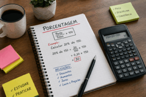 Como calcular porcentagem com exemplo prático em caderno e calculadora sobre mesa