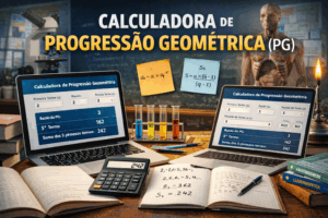Calculadora de progressão geométrica exibindo cálculo do termo e soma da PG em ambiente de estudo com fórmulas matemáticas.