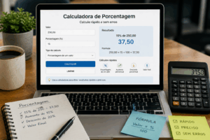 Calculadora de porcentagem online exibida em notebook com exemplo de cálculo e resultado