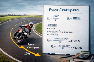 Motociclista em curva demonstrando força centrípeta com fórmula resolvida em quadro branco ao lado.