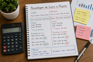 Cálculo de porcentagem de lucro e prejuízo com exemplos práticos em caderno e calculadora