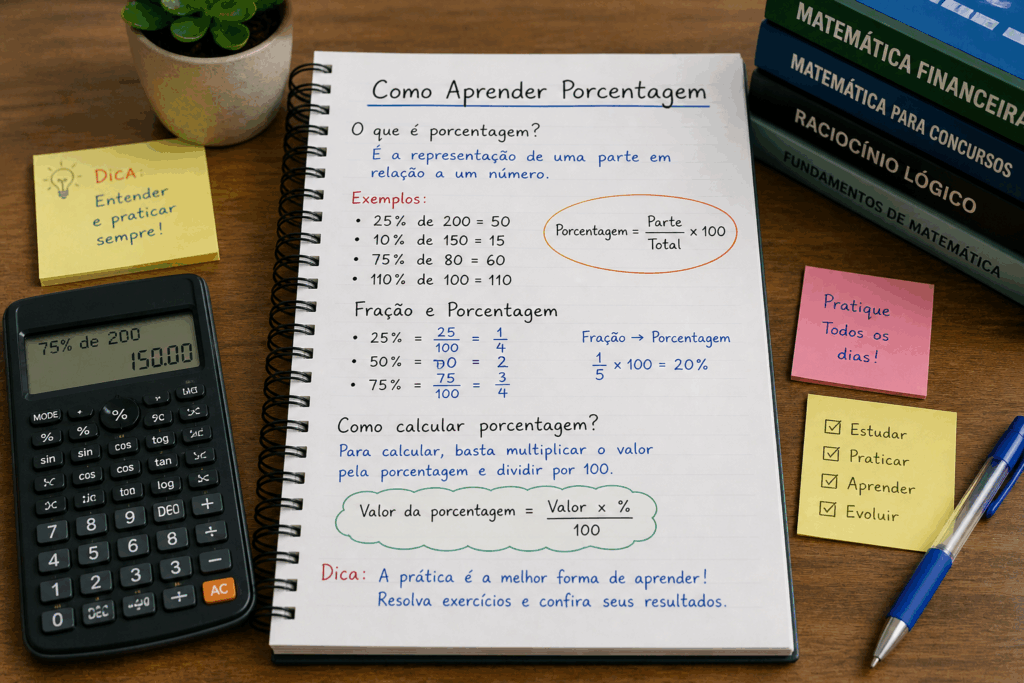 Como aprender porcentagem com exemplos práticos em caderno e calculadora sobre mesa de estudo