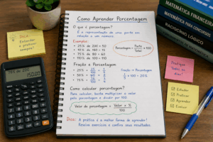Como aprender porcentagem com exemplos práticos em caderno e calculadora sobre mesa de estudo