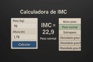 Calculadora de IMC mostrando peso, altura e classificação do índice de massa corporal em tabela pela OMS.