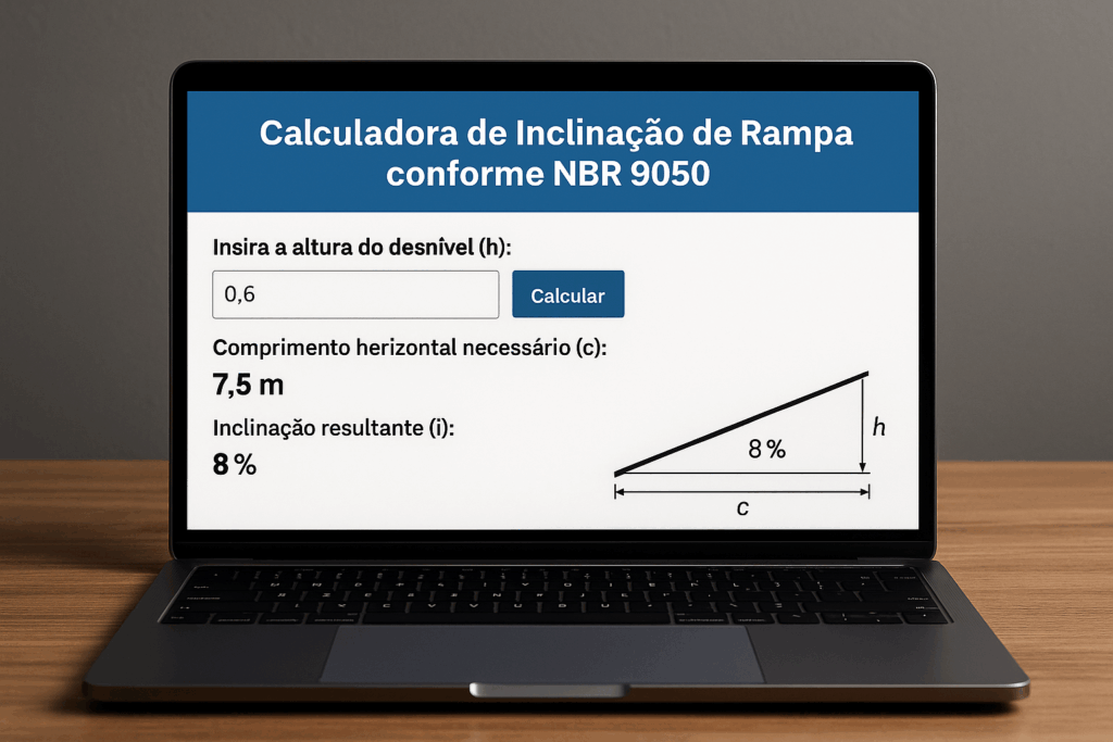 Calculadora de inclinação de rampa conforme NBR 9050 exibida em notebook, mostrando cálculo de desnível e inclinação com diagrama técnico.