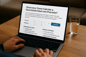 Calculadora de churrasco aberta em um notebook, mostrando quantidades de carne, bebidas e carvão conforme número de convidados.