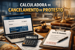 Calculadora de custo de cancelamento de protesto exibindo valor estimado em reais ao lado de documentos e ambiente de cartório.
