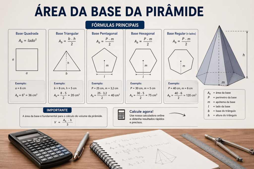 Área da base da pirâmide com fórmulas para bases quadrada, triangular, pentagonal e hexagonal
