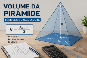 Fórmula do volume da pirâmide com área da base e altura ilustradas em diagrama